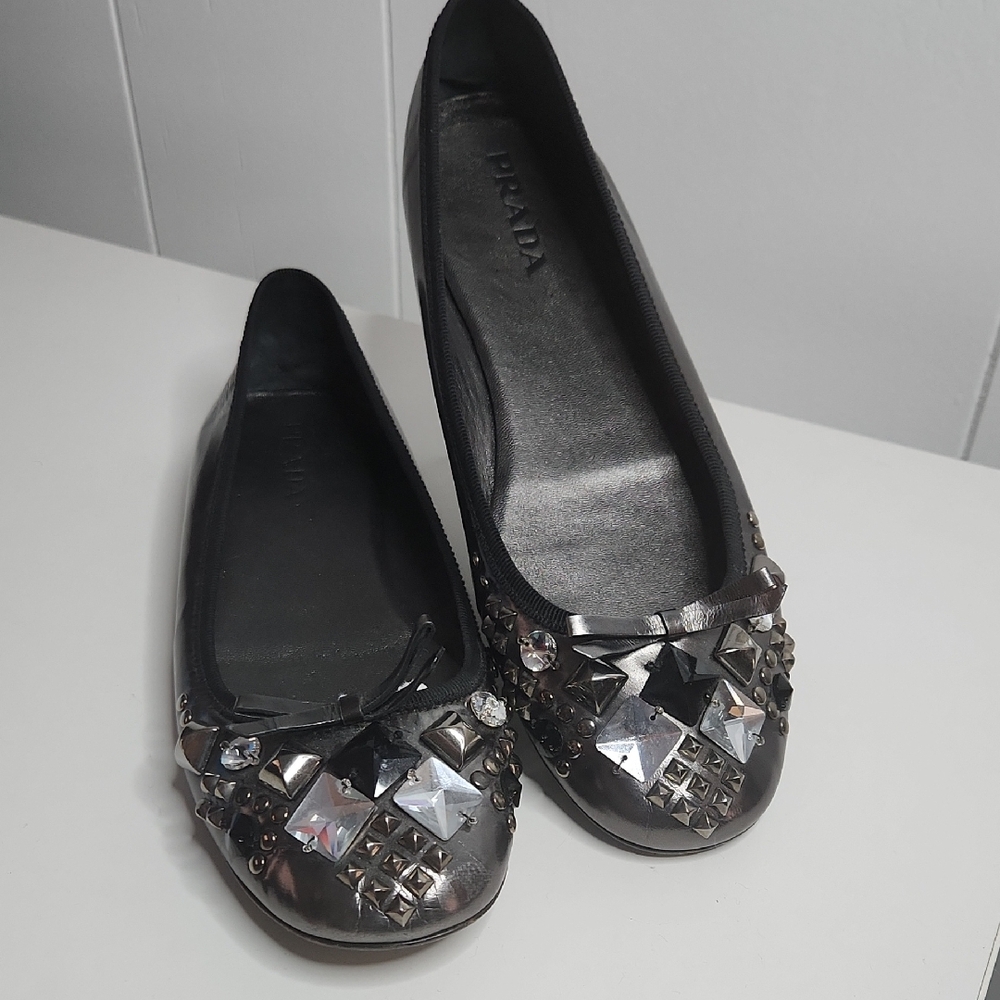 PRADA Black Studded Women's Flats Size 37.5 EU Sparkly Bling